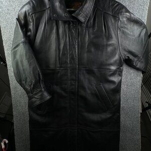 Eddie Bauer Leather Coat Jacket Down Fill Women Small Petite Long Black Snap Up